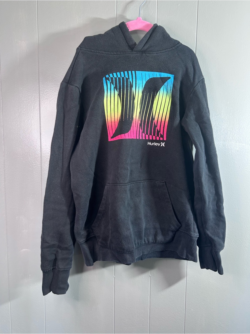 Hurley Boy’s Black Crewneck Hoodie with Neon Blue-Yellow-Pink Logo